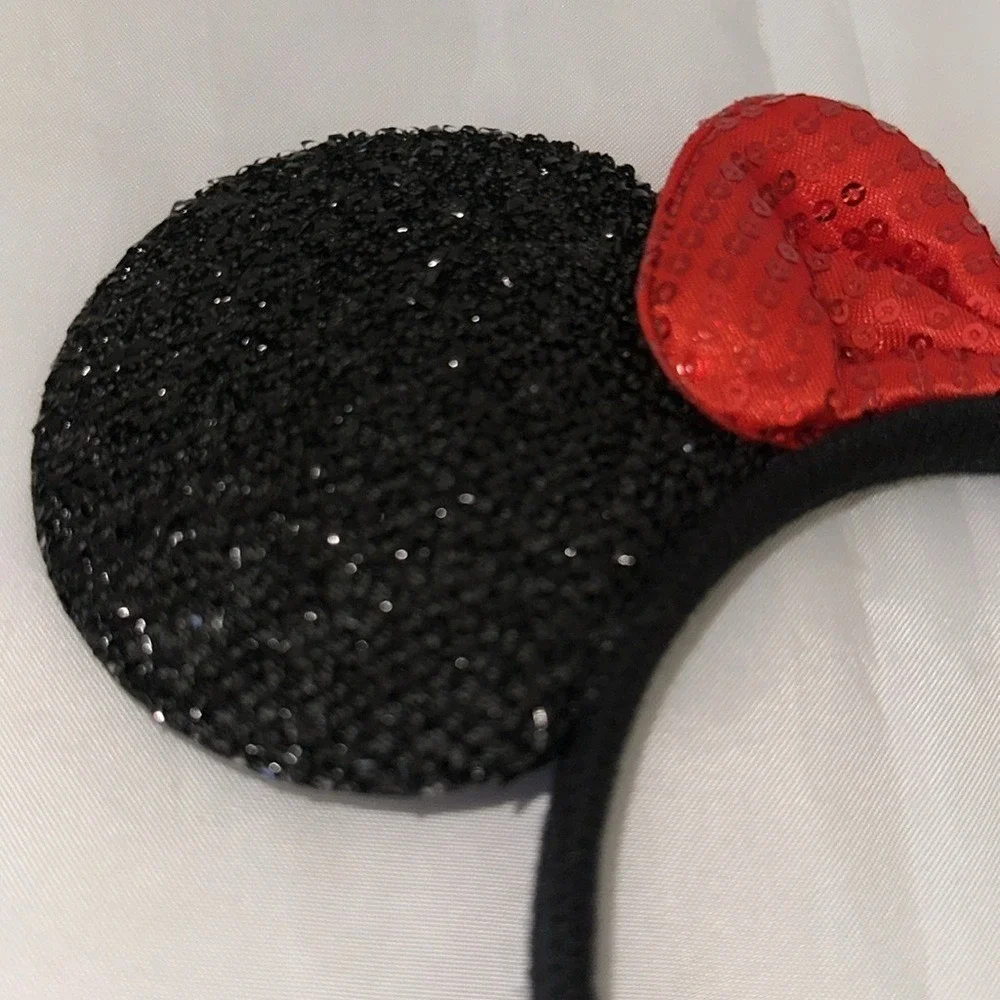 Set of 2 Mouse Ears Headbands Black Velvet Sparkle Red Sequin Bow Party Supplies